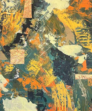 Layered abstract artwork in teal, yellow, and navy with copper collage elements and bold palette knife textures.