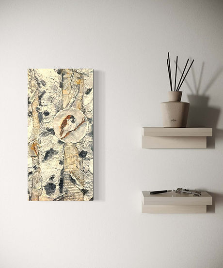 Collage-style winter scene featuring a small sparrow on a branch surrounded by textured birch bark and soft white foliage on a wall.