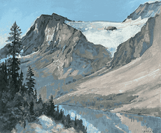 Oil painting of a glacier and steep mountain cliffs overlooking a calm river valley with evergreen trees.