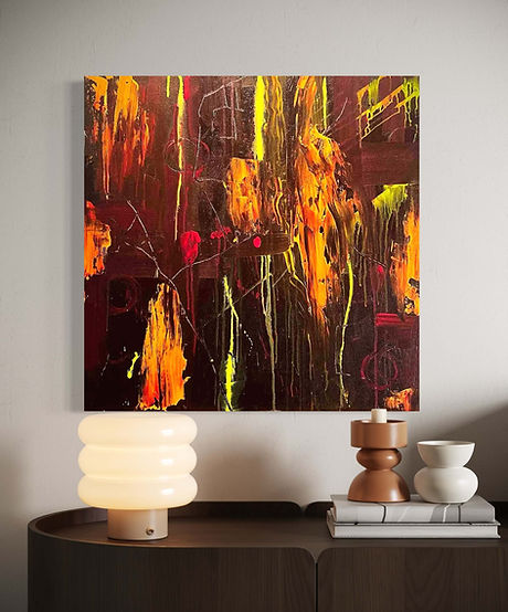 Dark abstract painting with bold streaks of orange, yellow, and neon green resembling molten fire and dripping light. Painting on a wall.