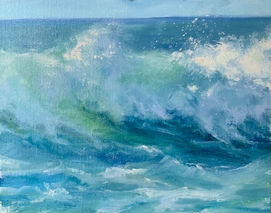 Oil painting of a blue wave crashing.