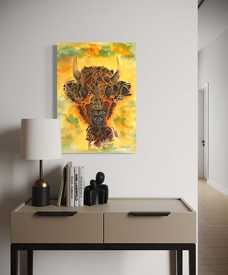Portrait of a bison rendered with mosaic-like brown and gold textures set against a warm yellow and green horizon. Painting on a wall.