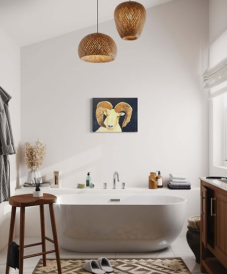 Textured portrait of a bighorn sheep with large curved horns created from layered natural-toned collage materials on a dark background on a wall.