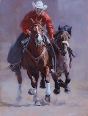 Painting of a man racing a horse.