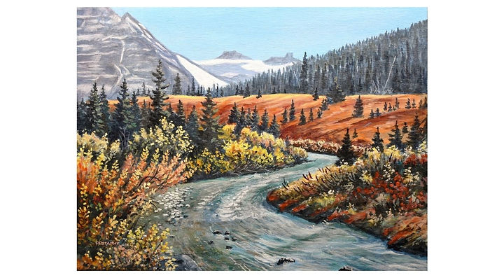 Detailed landscape painting of a winding turquoise river through autumn foliage, with evergreen trees, golden hills, and distant snow-capped mountains under a clear blue sky.