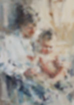 A textured painting of a woman holding a baby in a soft, abstract style. The colors are muted pastels, creating a serene, tender mood.