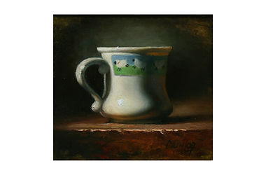Oil painting of a tea cup sitting on the table the teacup has designs of flowers on it.