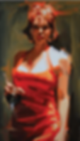 Painting of a woman holding a wine glass in a red dress.