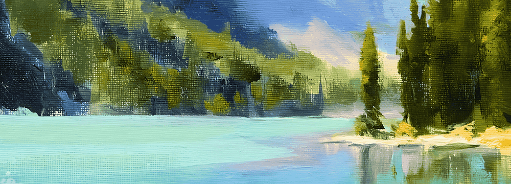 Oil landscape of a lake in the daytime with trees and mountains in the background.