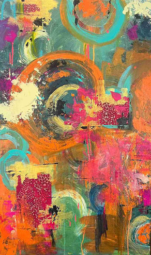 Energetic abstract painting with large circular strokes in teal, orange, and magenta layered over textured patchwork marks.