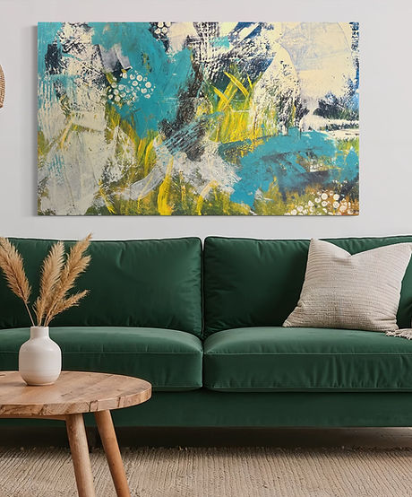 Large abstract landscape with sweeping teal, white, and yellow brushstrokes evoking wind, water, and movement on a wall.
