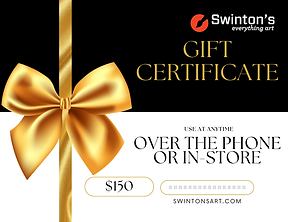 Gift certificate to Swinton's Art Supplies with a black and white background and a golden bow to the left.