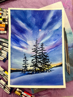 Winter Night with Aurora in Watercolor