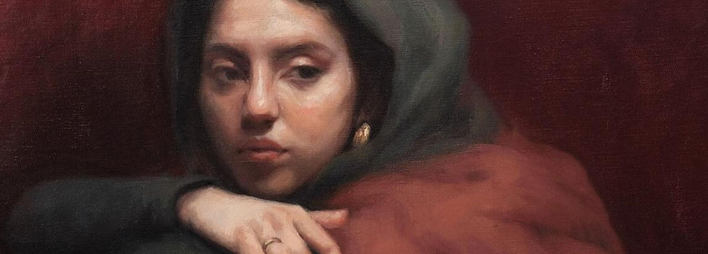 Portrait, painting of a woman with a green hood.