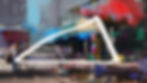 Painting of a street filled with umbrellas on the side with a white triangle in front.