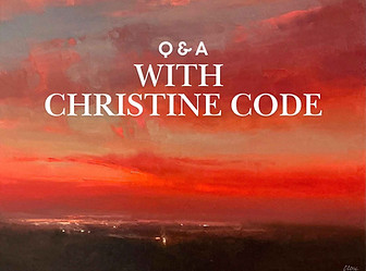 Promotional graphic featuring the text “Q&A with Christine Code” in large white serif lettering over a dramatic sunset landscape painting. The sky glows with rich shades of red, orange, pink, and violet, while a dark horizon line with distant lights stretches across the bottom of the image. The artwork creates a warm, atmospheric backdrop for the event announcement.