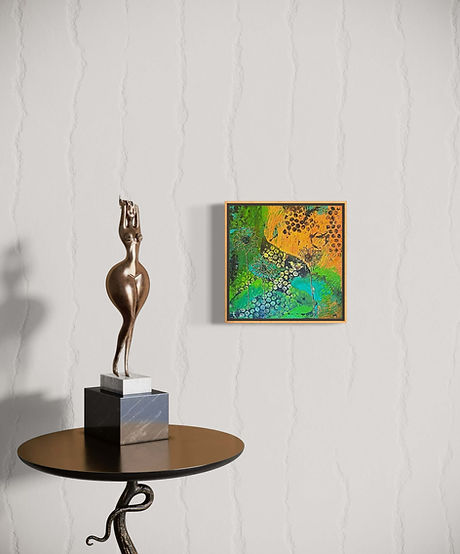 Energetic abstract featuring stylized sunflowers and circular textures in bright green, orange, and yellow with layered marks and patterns on a wall.