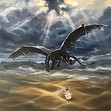 Fantasy oil painting of a massive black dragon with outstretched wings standing in a stormy landscape beneath dramatic rays of sunlight. A small figure in a white dress faces the dragon in the foreground, emphasizing the scale and tension of the scene.