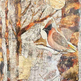 Mixed-media artwork of a songbird perched among abstract golden branches with warm copper and bronze autumn tones.