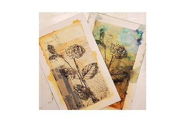 Two mixed-media botanical artworks featuring a flowering stem layered over vintage text, collage elements, and soft washes of colour in a contemporary encaustic-inspired style.