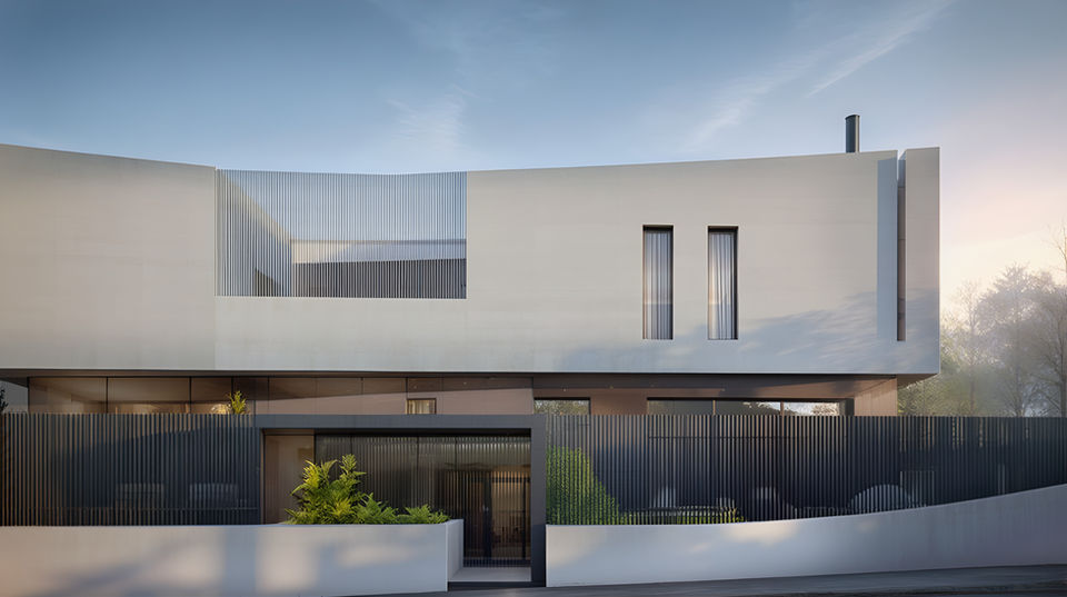 Exterior view of a contemporary curved white residence facade by 9901 Architects.
