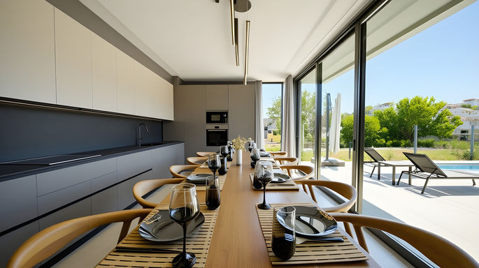 Dining room of a modern minimal villa airbnb with a swimming pool by 9901 Architects.