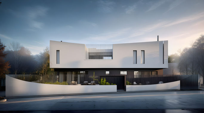 Exterior view of a contemporary curved white residence facade by 9901 Architects.