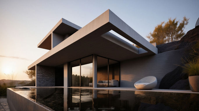 Exterior view of a modern hillside airbnb with large glass openings at sunset by 9901 Architects.