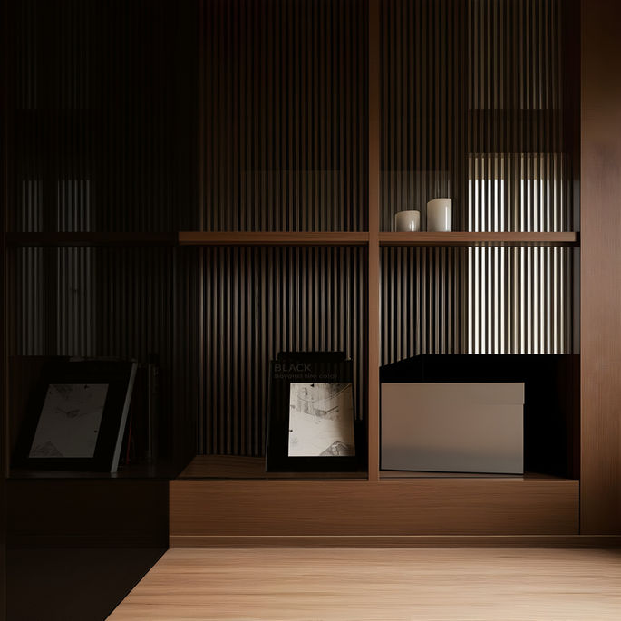 Contemporary lounge interior with daybeds, mirrored walls and bookcase, vertical blinds, and warm natural light by 9901 Architects.