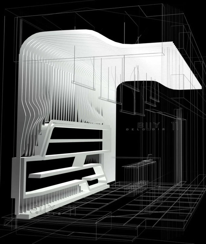 Retail store interior with sculpted white shelving, black feature wall, shop window and glossy black counter by 9901 Architects.