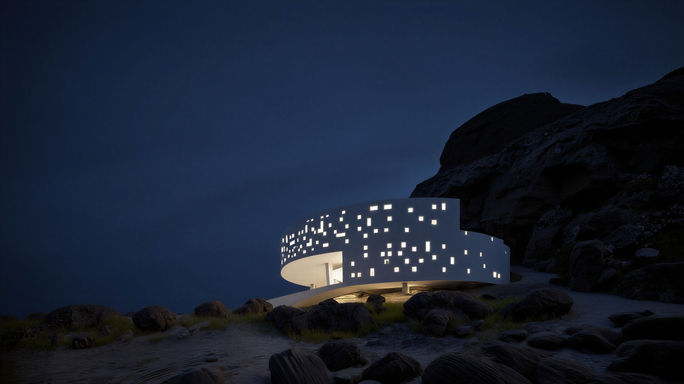 Exterior night view of a curved white public library with small openings in a mountainous landscape by 9901 Architects.