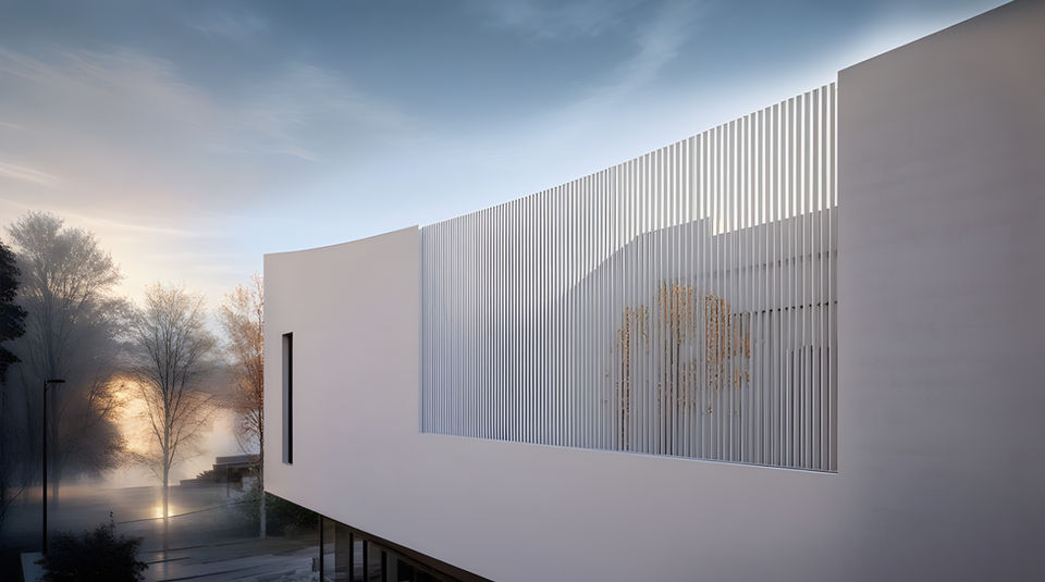 Exterior view of a contemporary curved white residence facade by 9901 Architects.