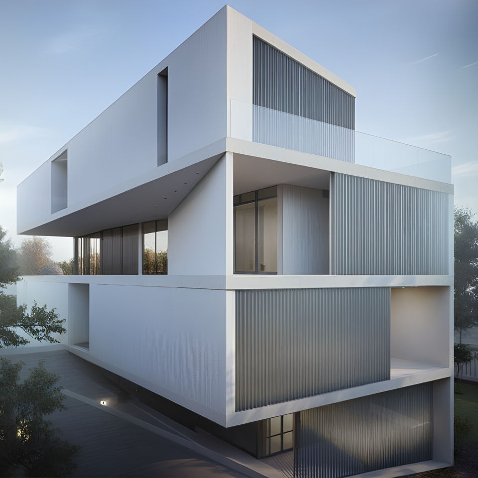 Exterior view of a minimal white four-floor residence by 9901 Architects.