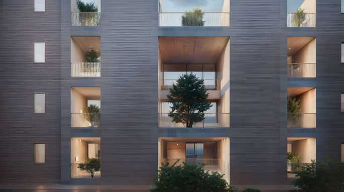 Exterior detailed view of a contemporary eco friendly apartment building with large balconies and wood soffits by 9901 Architects.
