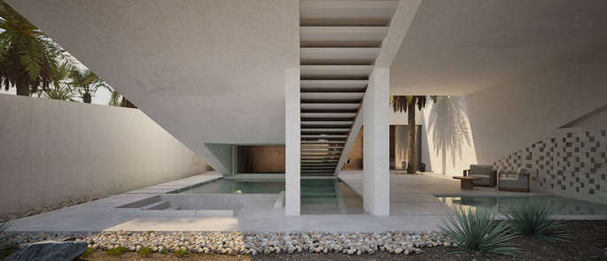 Interior view of a pool in a contemporary white building with a perforated facade and elevated volume at sunset by 9901 Architects.