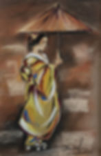 Geisha avec ombrelle - pastel encadré 50 40
