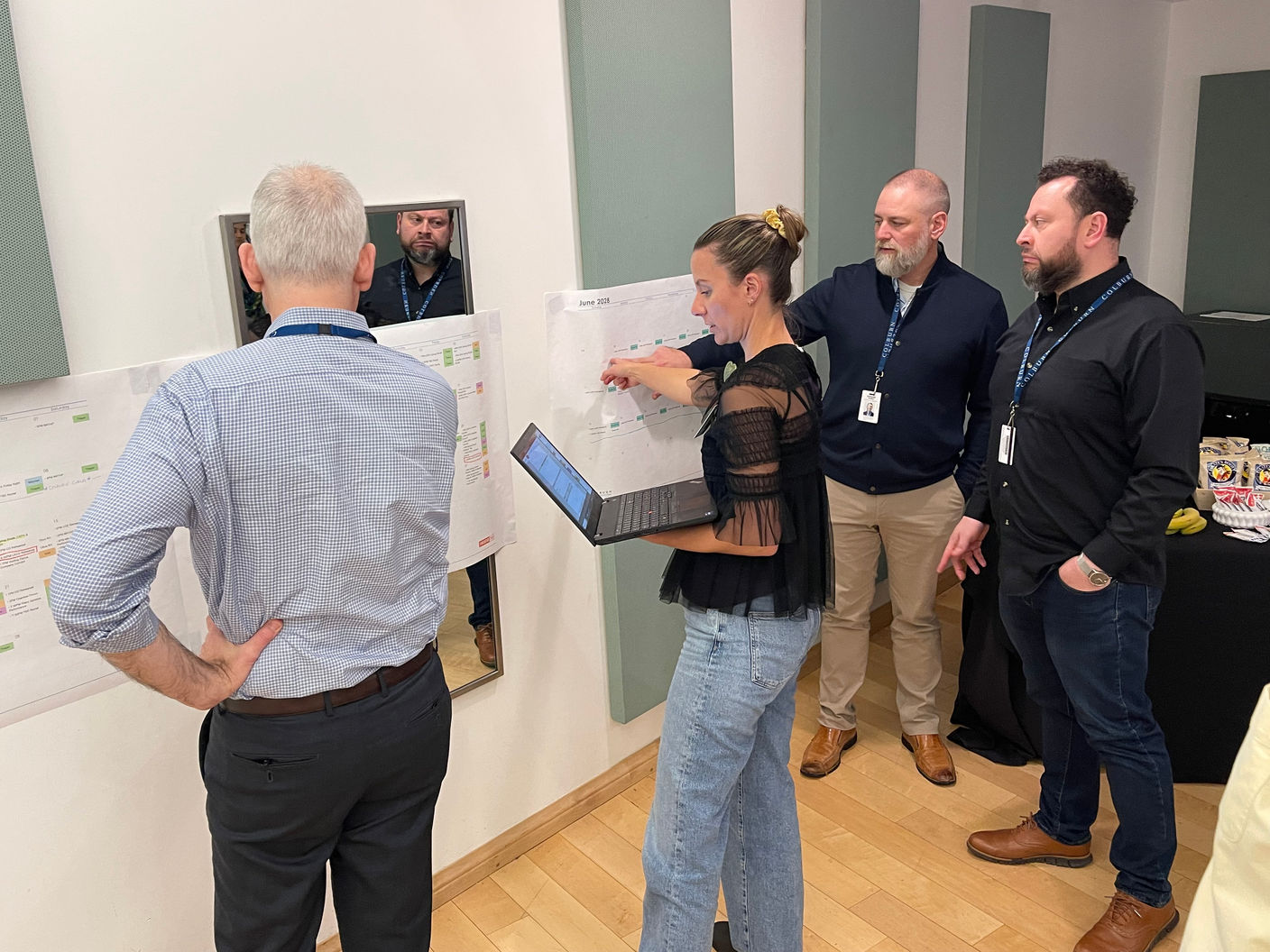Participants at the Colburn School strategic planning session gathered around a whiteboard, discussing project workflows and organizational charts.
