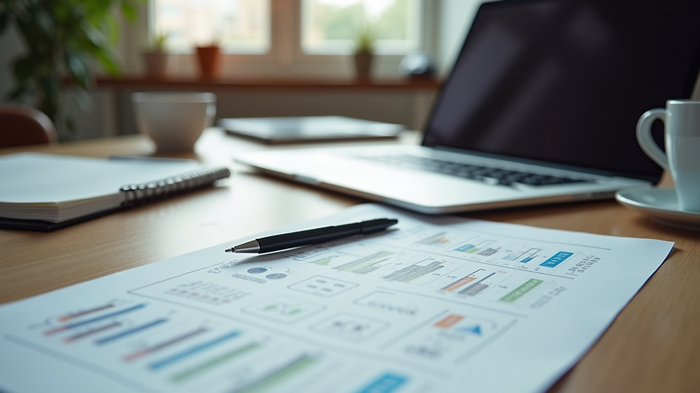 Eye-level view of a modern workspace with a laptop and instructional design notes
