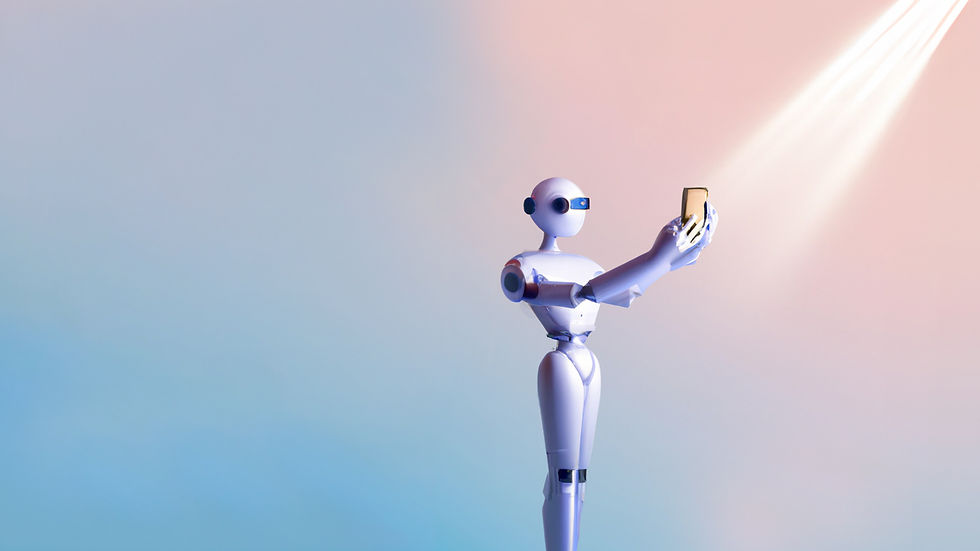 Illustrasjon av en robot med kunstig intellegens som holder en mobil opp mot lyset.