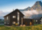 Illustrasjo av svart tradisjonelt hus med moderne vinduer foran flott fjell.