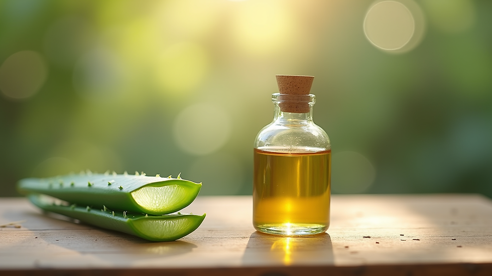 Eye-level view of a bottle of natural scalp oil and aloe vera gel on a wooden table