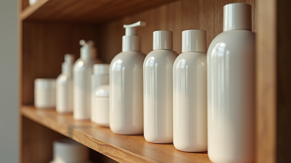Eye-level view of hair care products arranged neatly on a wooden shelf
