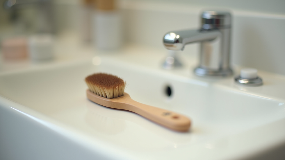 Eye-level view of a small brush and edge control gel on a bathroom counter
