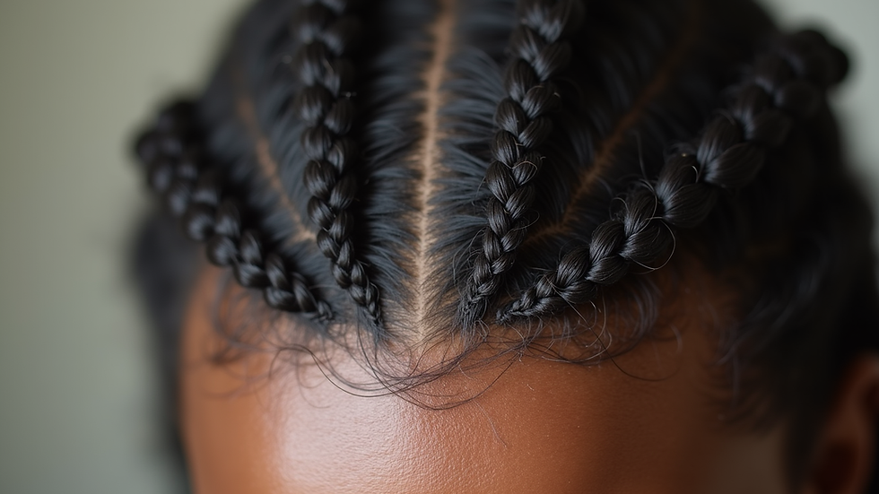 Close-up view of braided hair with scalp showing healthy skin