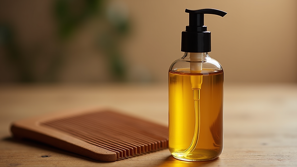 Eye-level view of a bottle of scalp oil and a comb on a wooden surface