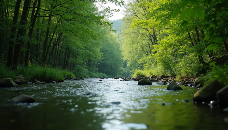 Eye-level view of a calm section of the Clarion River surrounded by lush green forest