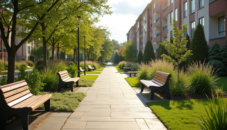 Eye-level view of a community garden area with clean pathways and benches