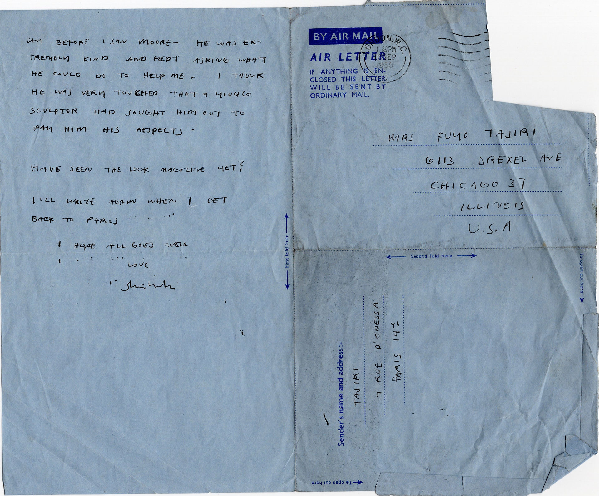 Letter from Shinkichi Tajiri to his mother, 1950