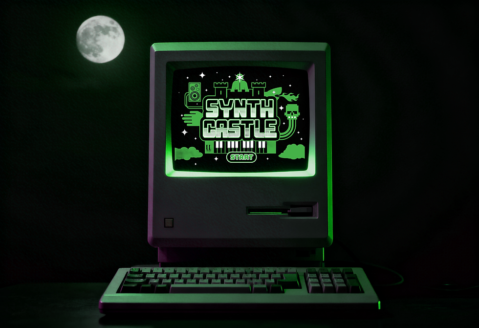 Old computer, glowing green screen displaying 'SYNTH CASTLE', full moon.