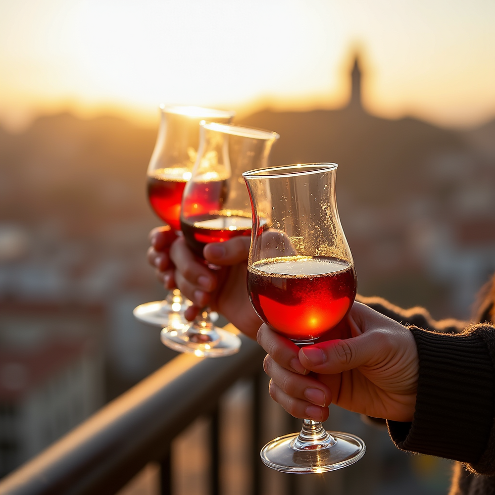 Close-up de uma taça de vinho do Porto com a ponte Dom Luís ao fundo